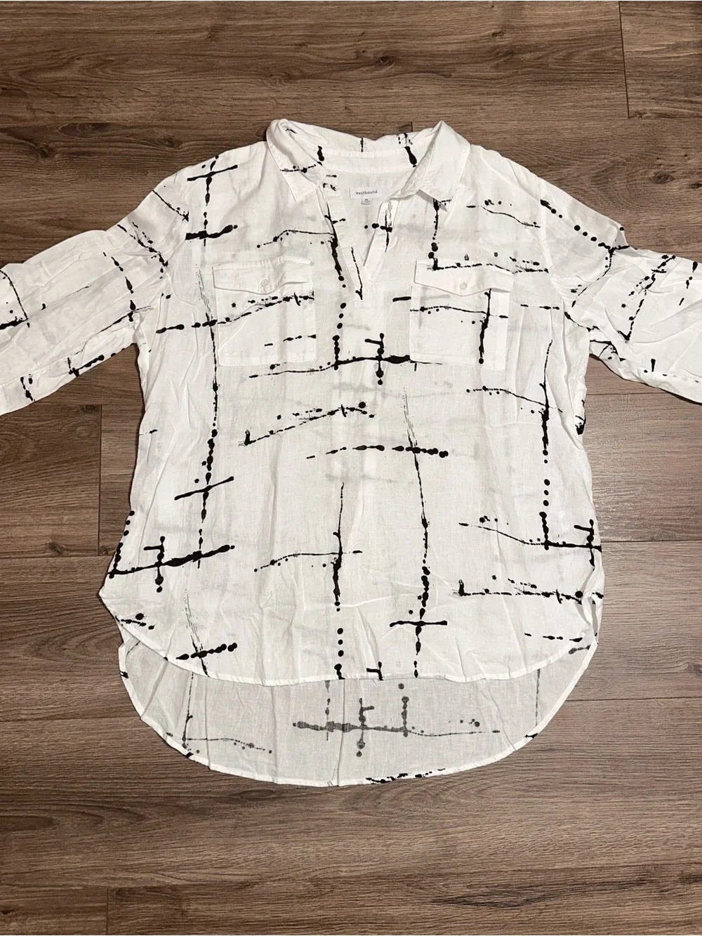 Linen Blend Button-Down Shirt with Black Abstract Print Short Sleeve Shirt